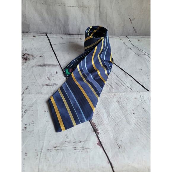 Tommy Hilfiger Mens Necktie Tie Navy Blue Gold Striped - Picture 1 of 9